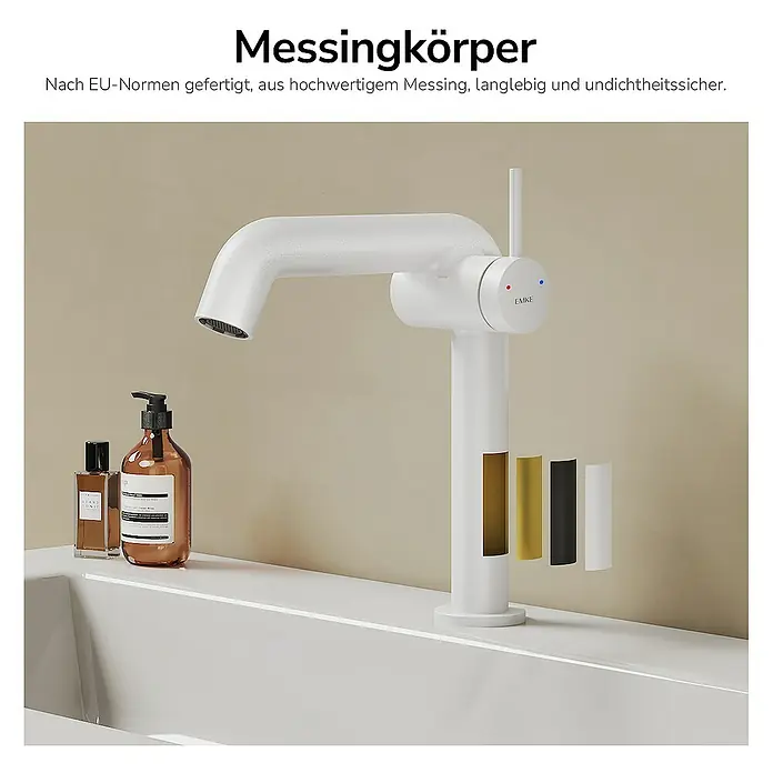 Emke Waschtischarmatur Kriosa F24 - Weiß, Matt - Nahaufnahme eines weißen EMKE-Wasserhahns mit farbigen Akzenten, gefertigt nach EU-Normen aus hochwertigem, langlebigem Messing.