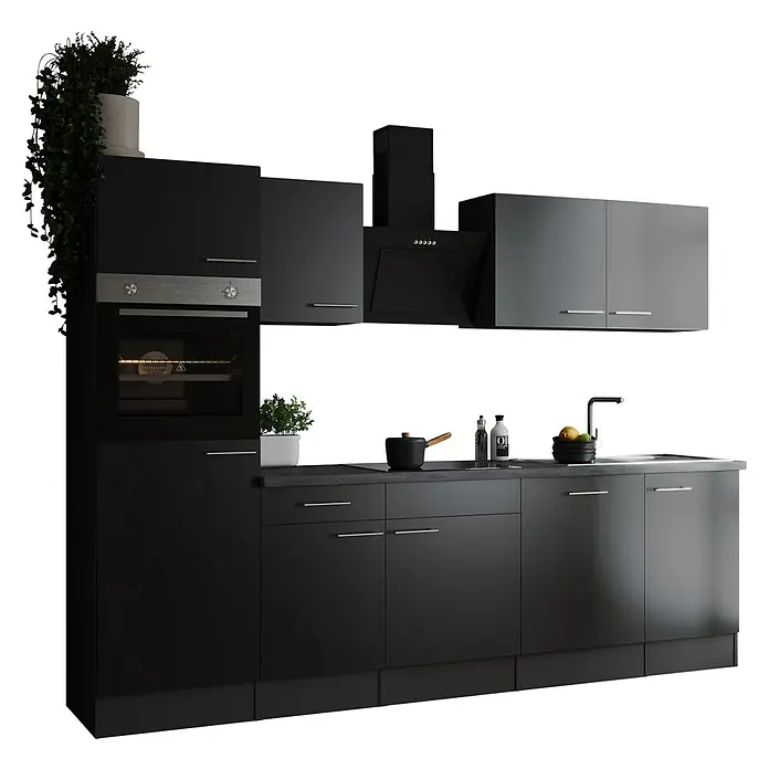 Respekta Olivia Küchenzeile - Breite: 280 cm, Schwarz, Mit Elektrogeräten - Schwarze Küchenzeile mit Einbaubackofen, Dunstabzugshaube und Hängeschränken für eine moderne Küchengestaltung.