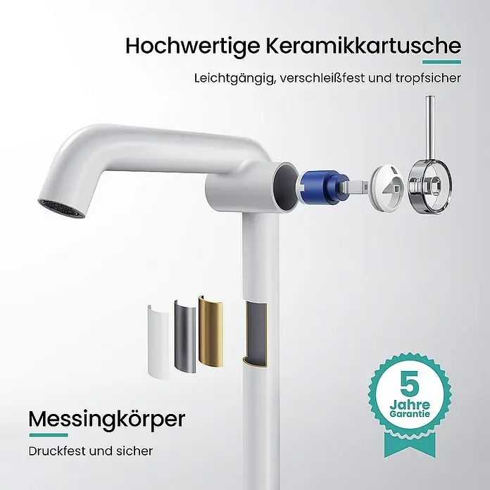 Emke Waschtischarmatur Kriosa F24 - Weiß, Matt - Hochwertige Keramikkartusche, leichtgängig, verschleißfest und tropfsicher, Messingkörper, druckfest und sicher mit 5 Jahre Garantie.