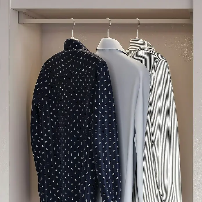Emuca Kleiderstangen-Set Luxe - Länge: 75 cm, Steingrau - Kleiderschrankansicht mit drei Hemden: Ein blaues Hemd mit Ankern, ein hellblaues Hemd und ein gestreiftes Hemd.