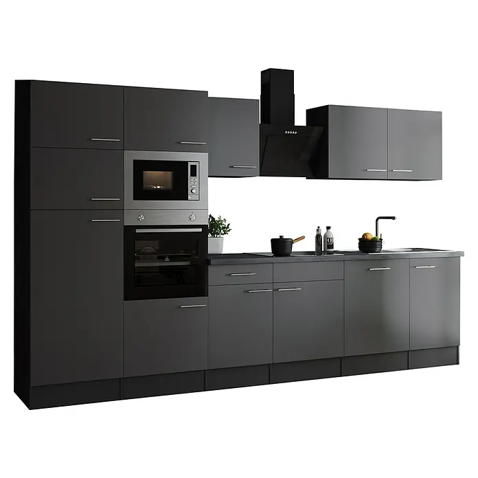 Respekta Olivia Küchenzeile - Breite: 340 cm, Farbe Arbeitsplatte: Granit Optik, Grau, Mit Elektrogeräten, Silberne Griffe - Graue Küchenzeile mit Geräten und Spüle. Die Küche ist modern und schlicht gestaltet und bietet viel Stauraum.