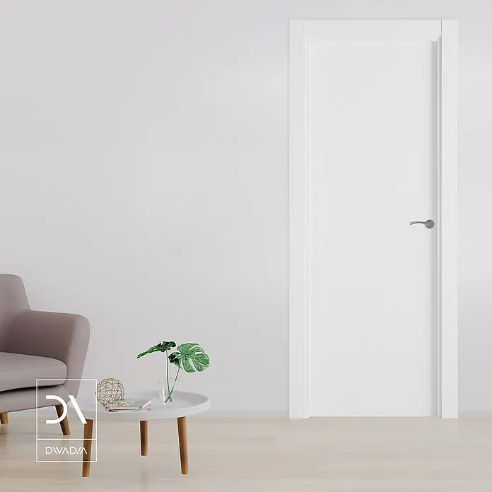 Pack puerta de interior Olympia - 72,5 x 203 cm, Izquierda, Blanco - Elegante puerta interior blanca moderna con un diseño simple y manija plateada, ideal para un interior minimalista.