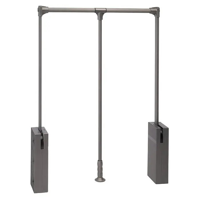 Emuca Kleiderstange Sway - Breitenverstellung: 830 mm - 1.150 mm, Titanium - Produktansicht einer verstellbaren, silberfarbenen Kleiderstange, die sich ideal für die Organisation Ihrer Garderobe eignet.\n