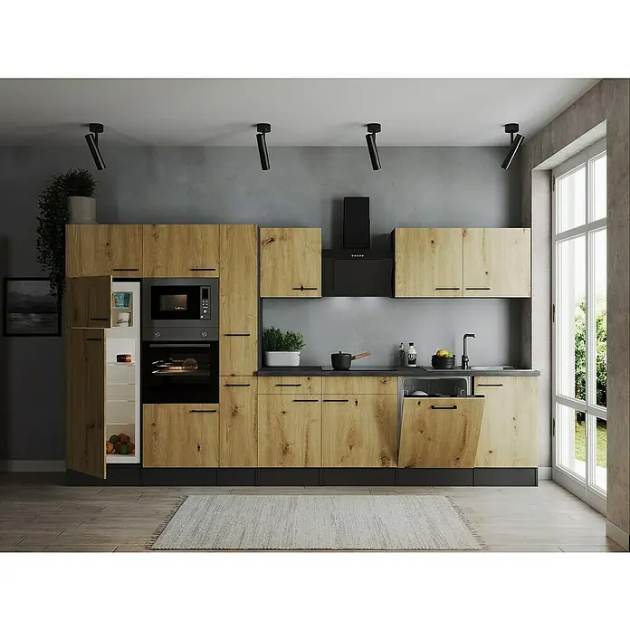 Respekta Olivia Küchenzeile - Breite: 370 cm, Artisan Eiche Nachbildung, Mit Elektrogeräten - Moderne Küche mit Holzfronten, schwarzen Akzenten und energieeffizienten Geräten, die Funktionalität und Stil vereinen.