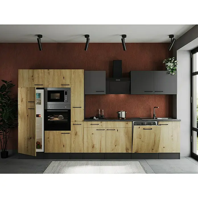 Respekta Olivia Küchenzeile - Breite: 370 cm, Artisan Eiche Nachbildung/Grau, Mit Elektrogeräten - Küchenansicht mit Einbaugeräten und hellen Holzfronten. Die grauen Hängeschränke sorgen für einen modernen Kontrast.