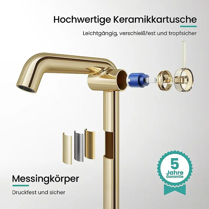 Emke Waschtischarmatur - Gold, Glänzend - Bild einer goldenen Waschtischarmatur mit der Aufschrift "Hochwertige Keramikkartusche. Messingkörper. 5 Jahre Garantie".