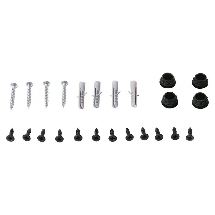 Emuca Regalsystem Lader Rahmen Set - L x B x H: 0,5 x 35,2 x 83 cm - Dieses Bild zeigt ein Set von Befestigungselementen, darunter Schrauben, Dübel und Abdeckkappen, die für verschiedene Montagezwecke geeignet sind.