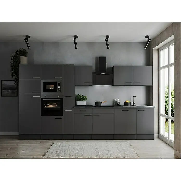 Respekta Olivia Küchenzeile - Breite: 370 cm, Farbe Arbeitsplatte: Granit Optik, Grau, Mit Elektrogeräten, Silberne Griffe - Modernes Küchendesign mit grauen Schränken, integrierten Geräten und stilvoller Beleuchtung für ein elegantes Ambiente.
