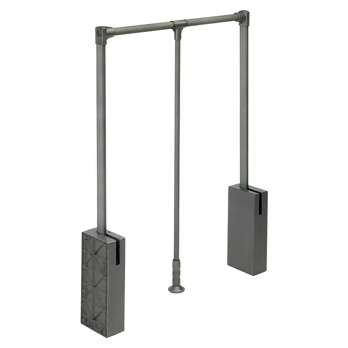 Emuca Kleiderstange Sway - Breitenverstellung: 600 mm - 830 mm, Titanium - Eine ausziehbare Kleiderstange in Grau, die eine praktische Lösung für zusätzlichen Stauraum in Schränken bietet.