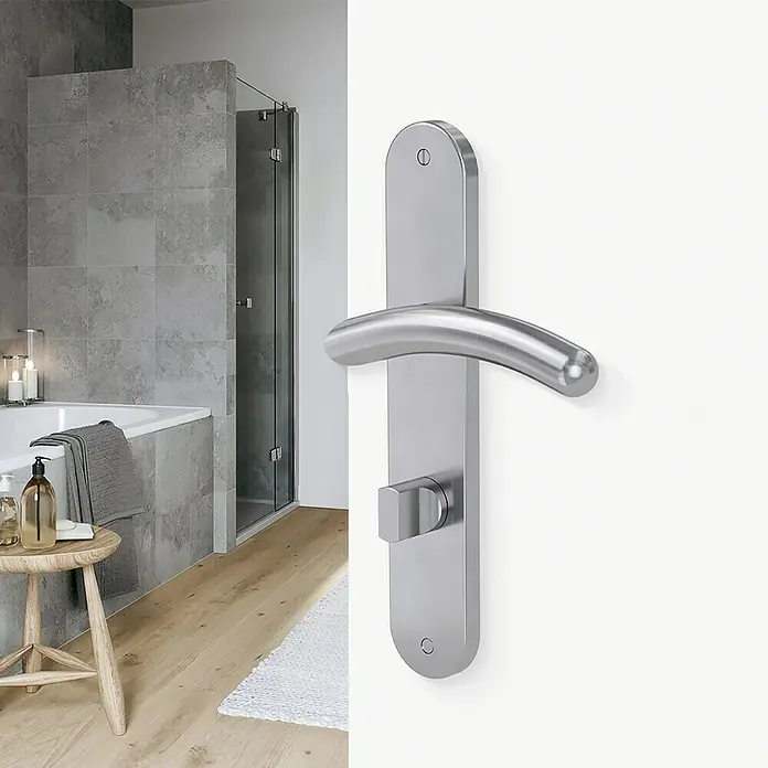 Diamond Doors Modern Zimmertürgarnitur WC Virginia - Edelstahl, Stärke Tür: 38 mm - 45 mm, Schlitzkopf/Olive - Elegante Türgarnitur aus Edelstahl mit modernem Design. Ideal für stilvolle Badezimmer und Innenräume, die Wert auf Qualität legen.