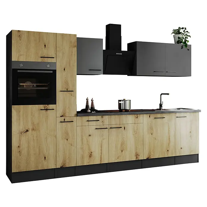 Respekta Olivia Küchenzeile - Breite: 310 cm, Artisan Eiche Nachbildung/Grau, Mit Elektrogeräten - Küchenzeile mit Backofen und Dunstabzugshaube in Holz- und Grautönen. Modernes Design für die stilvolle Küche.