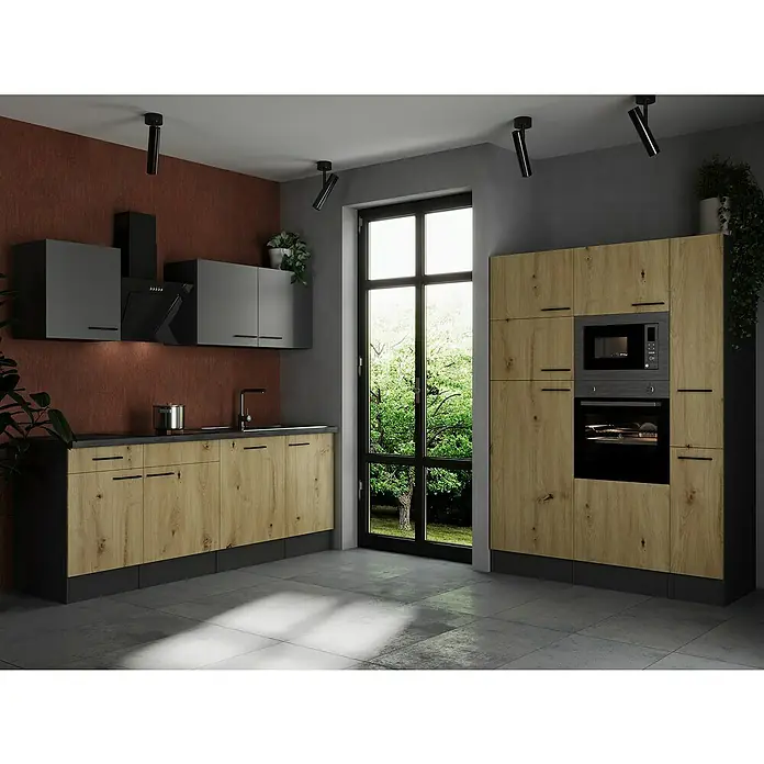 Respekta Olivia Küchenzeile - Breite: 370 cm, Artisan Eiche Nachbildung/Grau, Mit Elektrogeräten - Eine moderne Küche mit hellen Holzschränken, grauen Oberschränken und einem schwarzen Dunstabzug, die ein stilvolles Ambiente schafft.