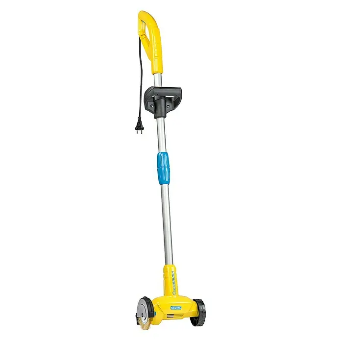 Gloria WeedBrush Fugenreiniger300 W, 1.800 U/min - Elektrische Fugenbürste in Gelb und Silber mit Griff und Rädern für die Reinigung von Pflastersteinen und Gehwegen.