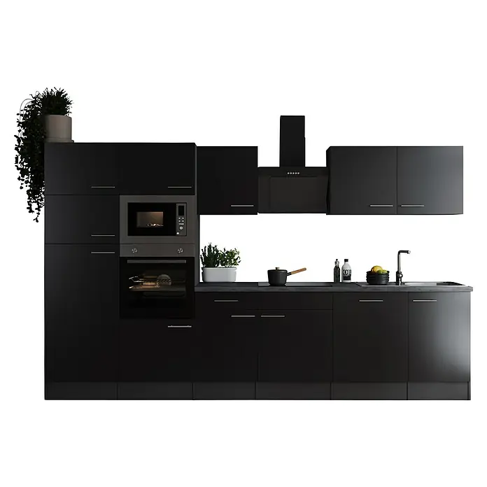 Respekta Olivia Küchenzeile - Breite: 340 cm, Schwarz, Mit Elektrogeräten - Schwarze Küche mit integrierten Geräten und modernen Schränken. Das Design ist minimalistisch und elegant gehalten.