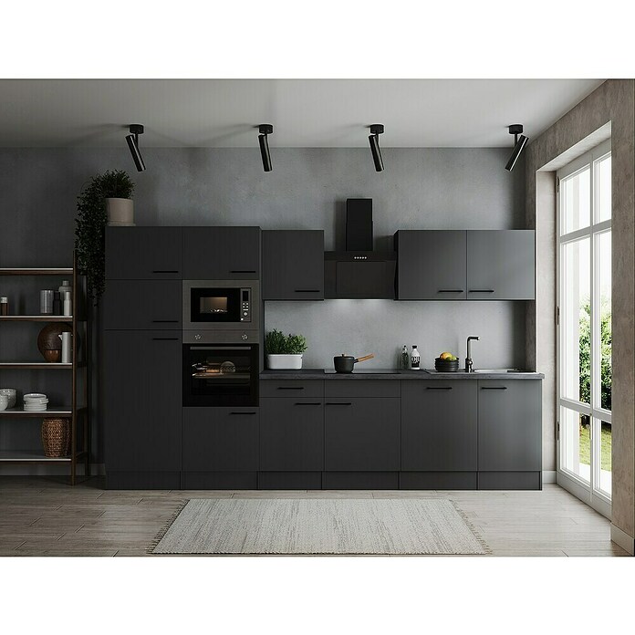 Respekta Olivia Küchenzeile (Breite: 340 cm, Grau, Farbe Arbeitsplatte: Granit Optik, Mit Elektrogeräten, Schwarze Griffe) | BAUHAUS