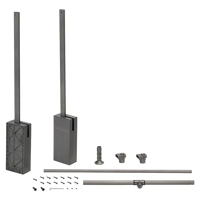 Emuca Kleiderstange Sway - Breitenverstellung: 600 mm - 830 mm, Titanium - Eine Nahaufnahme eines Sets von Gebäude- oder Konstruktionsteilen, wahrscheinlich für ein modernes Design oder eine Architektur.