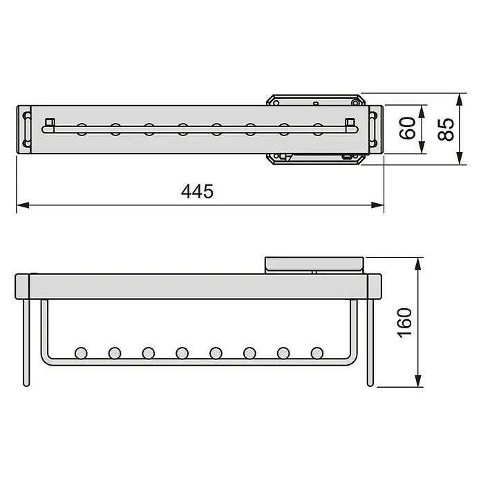 Emuca Kleiderstange Moka - Länge: 445 mm, Titanium - Technische Zeichnung einer Handtuchstange mit Maßangaben.