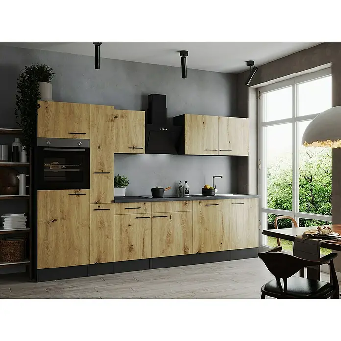 Respekta Olivia Küchenzeile - Breite: 310 cm, Artisan Eiche Nachbildung, Mit Elektrogeräten - Moderne Küche mit Holzfronten und schwarzen Akzenten, die Funktionalität und Ästhetik vereint. Ideal für stilbewusste Haushalte.