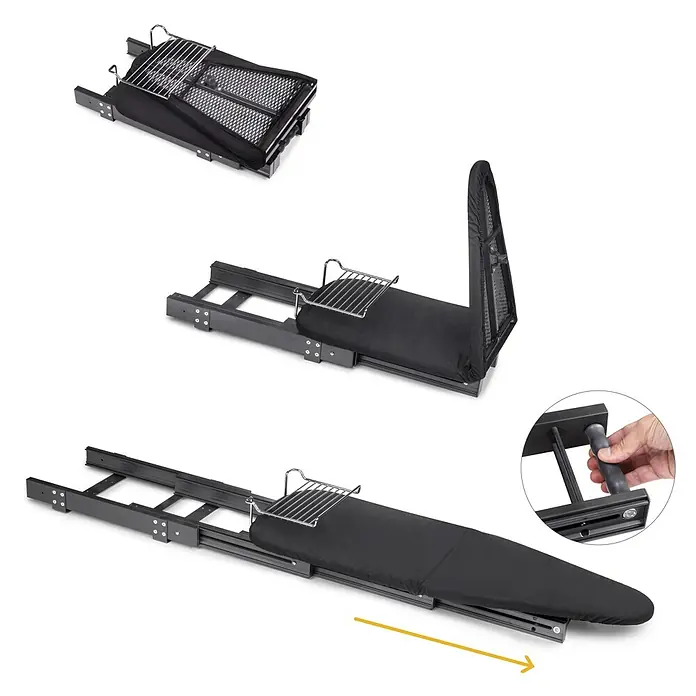 Emuca Bügeltisch klappbar - L x B x H: 17 x 33 x 92 cm - Das Bild zeigt ein ausziehbares, in eine Schublade integriertes Bügelbrett in verschiedenen Ansichten. Das Brett ist zusammengeklappt und ausgezogen dargestellt.