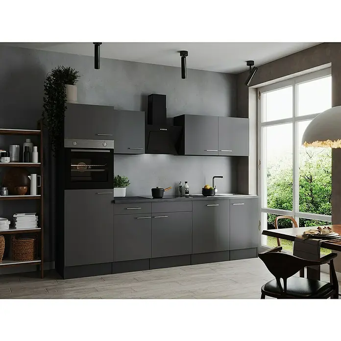 Respekta Olivia Küchenzeile - Breite: 280 cm, Farbe Arbeitsplatte: Granit Optik, Grau, Mit Elektrogeräten, Silberne Griffe - Moderne graue Küche mit stilvollen Schränken, Einbaugeräten und einer gemütlichen Essecke. Das Design vereint Funktionalität und Ästhetik.