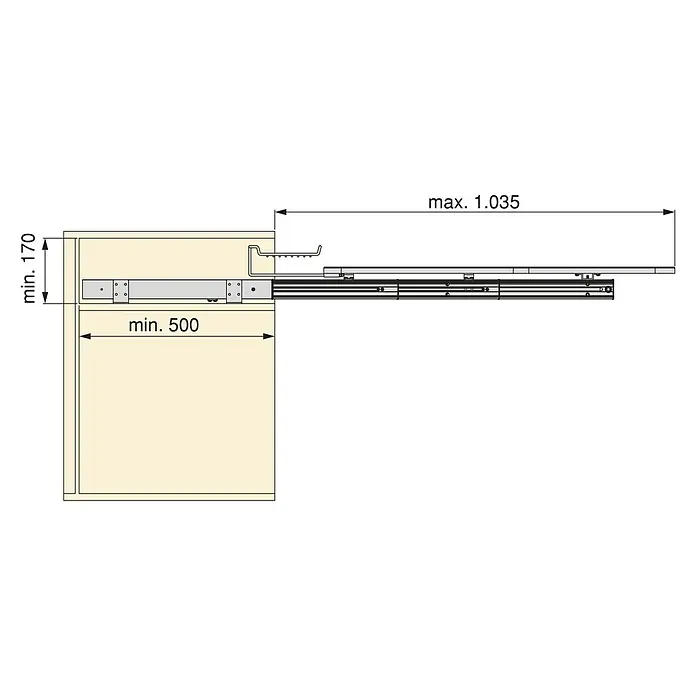 Emuca Bügeltisch klappbar - L x B x H: 17 x 33 x 92 cm - Abbildung eines Schubladenauszugs mit Bemaßung. Gezeigt werden die minimalen und maximalen Abmessungen für den Einbau des Auszugs.