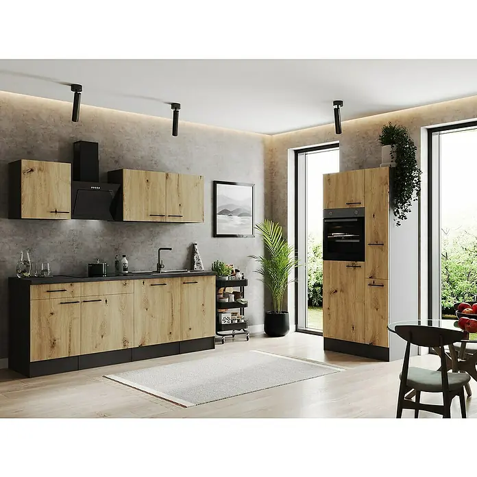Respekta Olivia Küchenzeile - Breite: 310 cm, Artisan Eiche Nachbildung, Mit Elektrogeräten - Moderne Küche mit hellen Holzfronten und schwarzen Akzenten, inklusive Dunstabzugshaube und eingebautem Ofen. Elegantes Design für stilvolles Kochen.