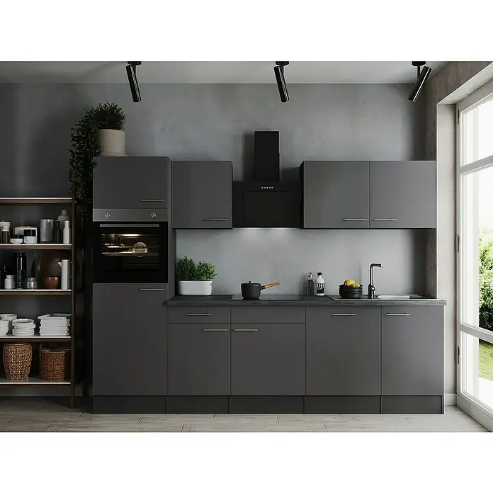 Respekta Olivia Küchenzeile - Breite: 280 cm, Farbe Arbeitsplatte: Granit Optik, Grau, Mit Elektrogeräten, Silberne Griffe - Eine moderne Küche in Grau mit einer Reihe von Schränken, einem Herd, einem Regal und einer Spüle, die ein modernes Design bieten.
