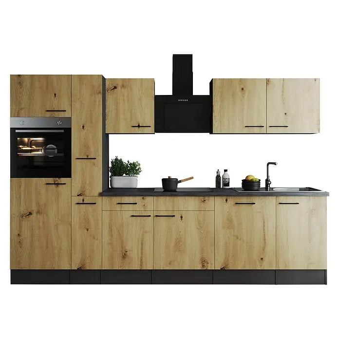 Respekta Olivia Küchenzeile - Breite: 310 cm, Artisan Eiche Nachbildung, Mit Elektrogeräten - Elegante Küche mit Holzfronten und schwarzen Akzenten. Einbauofen, Dunstabzugshaube und Spüle integriert.