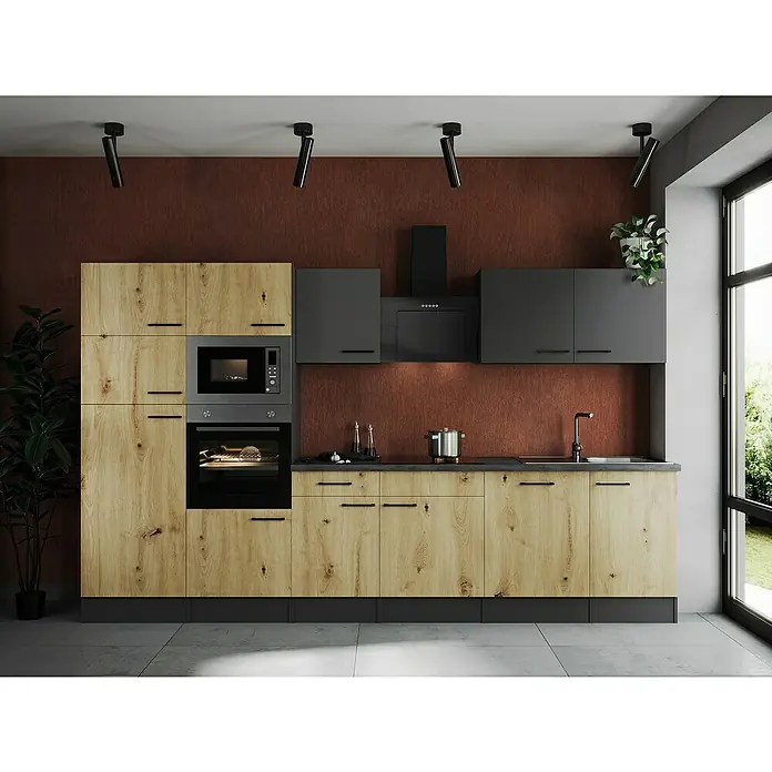 Respekta Olivia Küchenzeile - Breite: 340 cm, Artisan Eiche Nachbildung/Grau, Mit Elektrogeräten - Moderne Küche mit hellen Holzfronten, grauen Hängeschränken und schwarzen Akzenten unterstreicht Stil und Funktionalität.