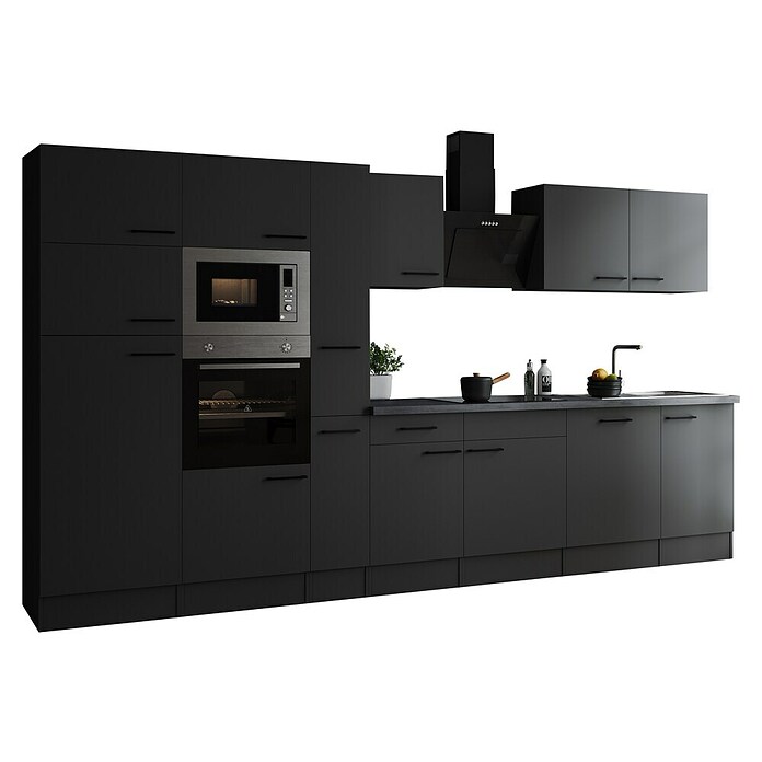 Respekta Olivia Küchenzeile (Breite: 370 cm, Grau, Farbe Arbeitsplatte: Granit Optik, Mit Elektrogeräten, Schwarze Griffe) | BAUHAUS