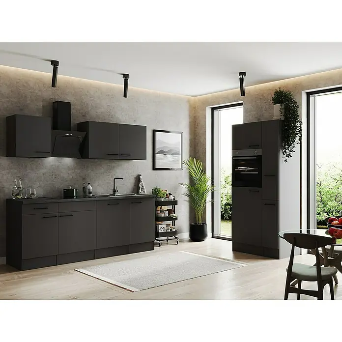 Respekta Olivia Küchenzeile - Breite: 310 cm, Grau, Farbe Arbeitsplatte: Granit Optik, Mit Elektrogeräten, Schwarze Griffe - Elegante dunkle Küche mit modernen Schränken, Arbeitsplatten und Geräten. Die Küchenausstattung bietet viel Stauraum und Funktionalität.