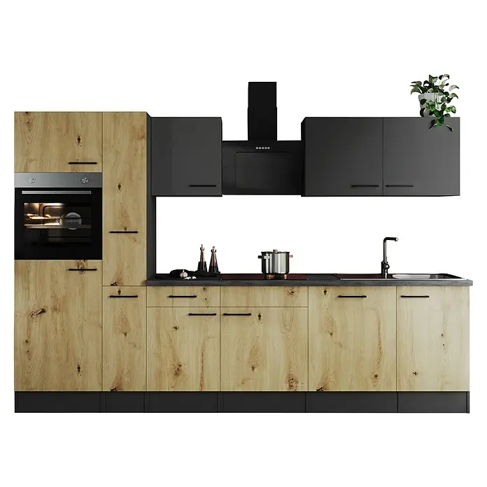 Respekta Olivia Küchenzeile - Breite: 310 cm, Artisan Eiche Nachbildung/Grau, Mit Elektrogeräten - Moderne Küche mit Holzfronten und grauen Hängeschränken. Einbaubackofen und Kochfeld integriert für ein stilvolles Design.