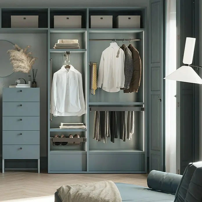 Emuca Kleiderstange Moka - Länge: 445 mm, Titanium - Einbauschrank in Blau mit Kleidung, Ablagefächern und Schubladen für ein organisiertes und stilvolles Schlafzimmer.