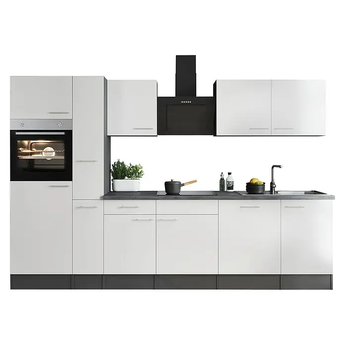 Respekta Olivia Küchenzeile - Breite: 310 cm, Weiß, Mit Elektrogeräten - Elegante weiße Küche mit modernen Geräten und dunkler Arbeitsplatte, ideal für stilvolles Kochen und Genießen.