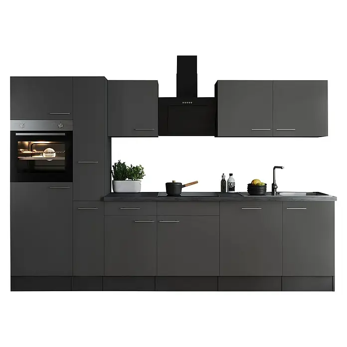 Respekta Olivia Küchenzeile - Breite: 310 cm, Farbe Arbeitsplatte: Granit Optik, Grau, Mit Elektrogeräten, Silberne Griffe - Graue Küche mit modernen Geräten. Ober- und Unterschränke bieten Stauraum, während der Ofen und die Dunstabzugshaube funktional sind.