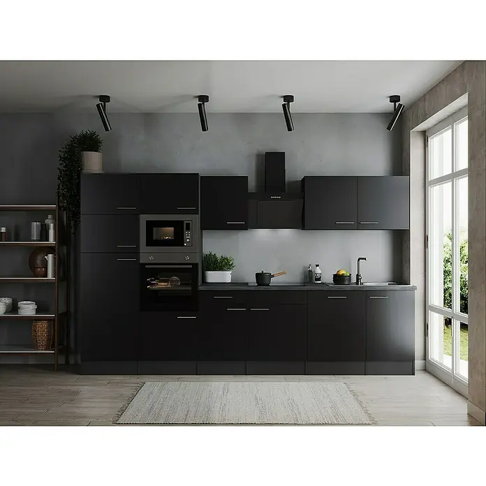 Respekta Olivia Küchenzeile - Breite: 340 cm, Schwarz, Mit Elektrogeräten - Schwarze Küchenzeile mit integrierten Geräten und Holzregal. Moderne Küchenmöbel für ein stilvolles Zuhause.