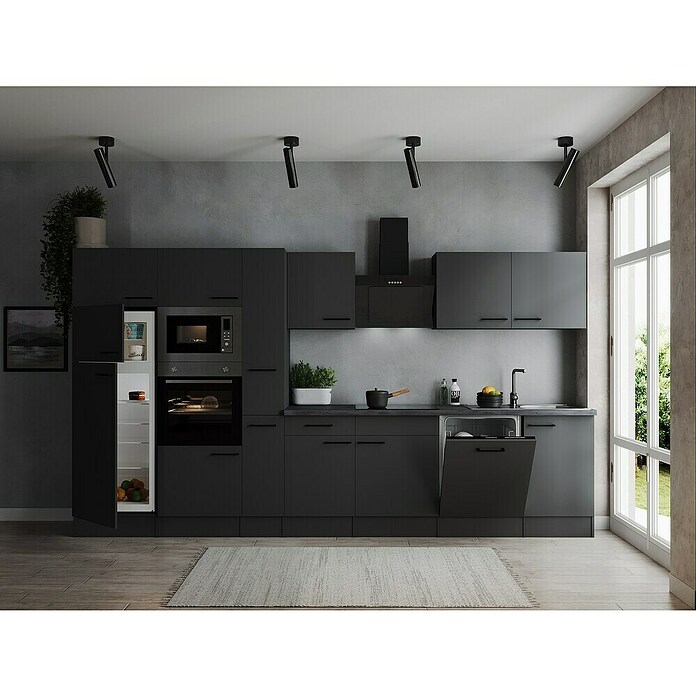Respekta Olivia Küchenzeile (Breite: 370 cm, Grau, Farbe Arbeitsplatte: Granit Optik, Mit Elektrogeräten, Schwarze Griffe) | BAUHAUS