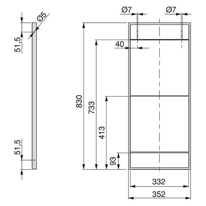 Emuca Regalsystem Lader Rahmen Set - L x B x H: 0,5 x 35,2 x 83 cm - Produktzeichnung mit Maßangaben. Die Abbildung zeigt ein rechteckiges Produkt mit Bohrungen und verschiedenen Längenangaben in Millimetern.