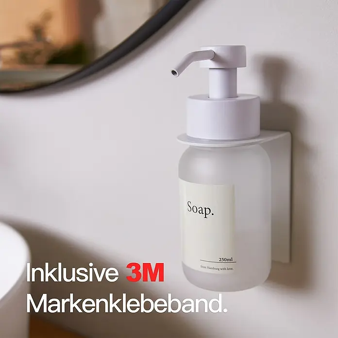 Designfabrik Hamburg Seifenspender - Edelstahl, Weiß/Satiniertes Glas, Wandmontage - Seifenspender aus mattiertem Glas mit Aufschrift "Soap." und weißem Spenderkopf, inklusive 3M Markenklebeband zur Wandmontage.