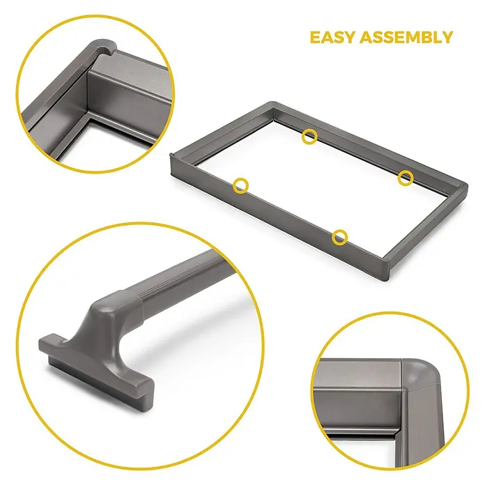 Emuca Hosenhalter Quartz - Metall, Titanium - Detailansicht eines Bettrahmens aus Metall mit der Aufschrift "EASY ASSEMBLY" zur Hervorhebung der einfachen Montage.