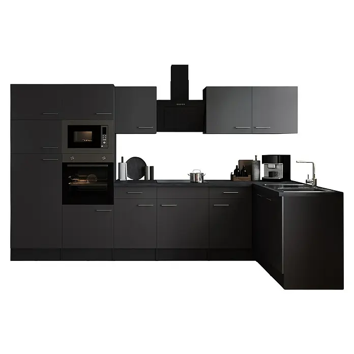 Respekta Olivia Winkelküche - 172 x 340 cm, Grau, Farbe Arbeitsplatte: Granit Optik, Mit Elektrogeräten, Silberne Griffe - Schwarze Küchenzeile mit Schränken, Geräten wie Backofen und Mikrowelle, Spüle und Dunstabzugshaube, ideal für modernes Küchendesign.