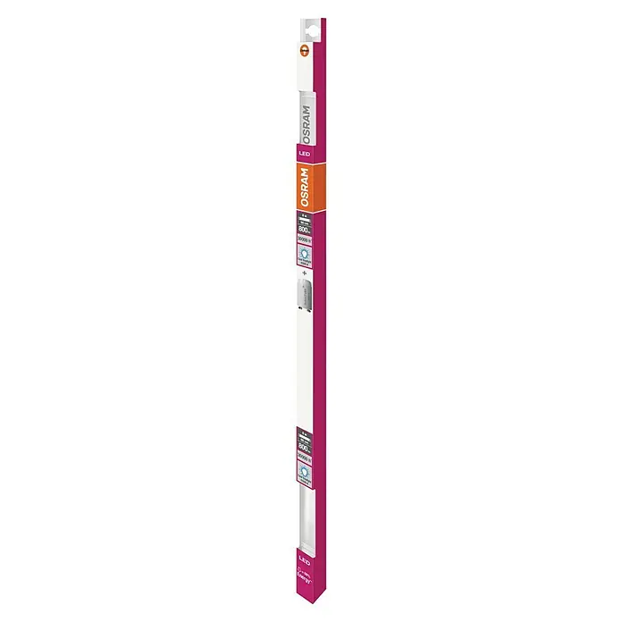 Osram Tubo LED SubstiTube Star ST8S-EM 20 - Largo: 60,3 cm, Blanco diurno, 6,6 W, 800 lm, G13 - La imagen muestra un tubo fluorescente LED OSRAM en su embalaje. El paquete es blanco y rosa y contiene información del producto.