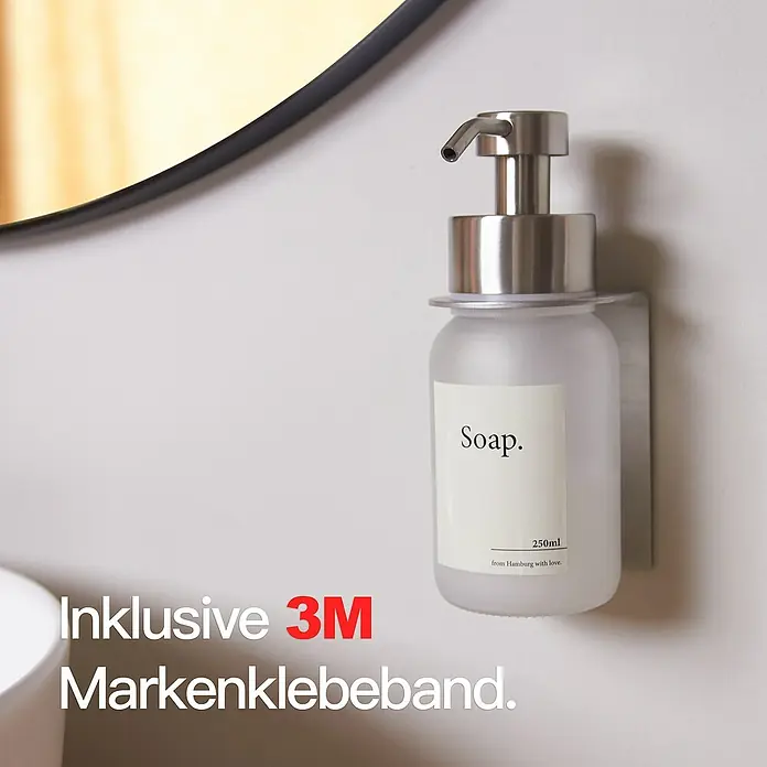 Designfabrik Hamburg Seifenspender - Edelstahl, Silber/Satiniertes Glas, Wandmontage - Seifenspender mit gebürstetem Stahl und inklusive 3M Markenklebeband.