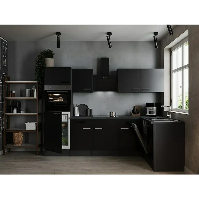 Respekta Olivia Winkelküche - 172 x 280 cm, Schwarz, Mit Elektrogeräten - Küchendesign in Schwarz mit Regalen, schwarzen Schränken und Einbaugeräten, die eine moderne und elegante Atmosphäre schaffen.
