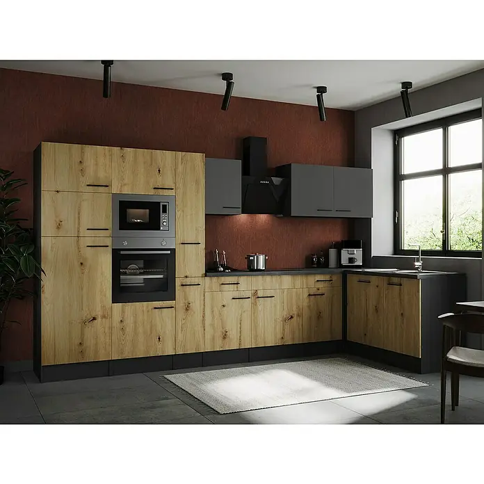Respekta Olivia Winkelküche - 172 x 370 cm, Artisan Eiche Nachbildung/Grau, Mit Elektrogeräten - Moderne Küche mit Holzfronten und schwarzen Akzenten, inklusive Einbaubackofen und Mikrowelle. Die Küche bietet stilvollen Stauraum und Funktionalität.
