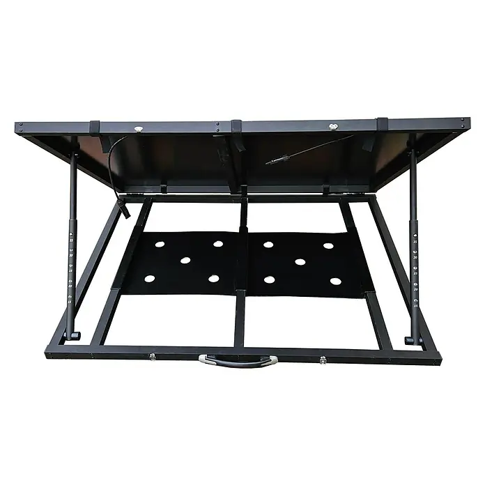 Hepa Solar Balkonkraftwerk Mini - 0% MwSt. gem. § 12 Abs. 3 UStG - Nennleistung: 200 W, L x B x H: 120 x 100 x 6,5 cm - Klappbarer, höhenverstellbarer Tisch mit schwarzer Oberfläche und robustem Gestell. Ideal für den mobilen Einsatz.