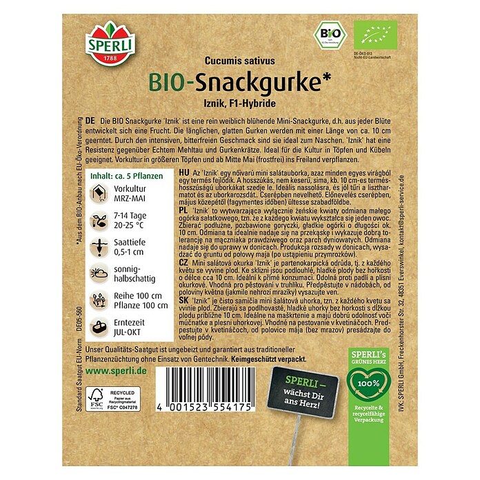 Sperli Snack-Gurke Bio (Iznik, Cucumis sativus, Erntezeit: Juli) | BAUHAUS
