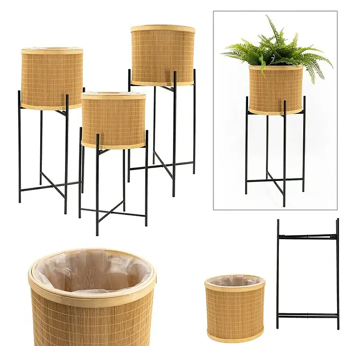 Noor Living Pflanzkorb - Ø x H: 25 x 76 cm, Naturmaterialien, Braun - Pflanzenständer-Set mit geflochtenen Töpfen und robusten Metallgestellen für stilvolle Innenraumbegrünung.