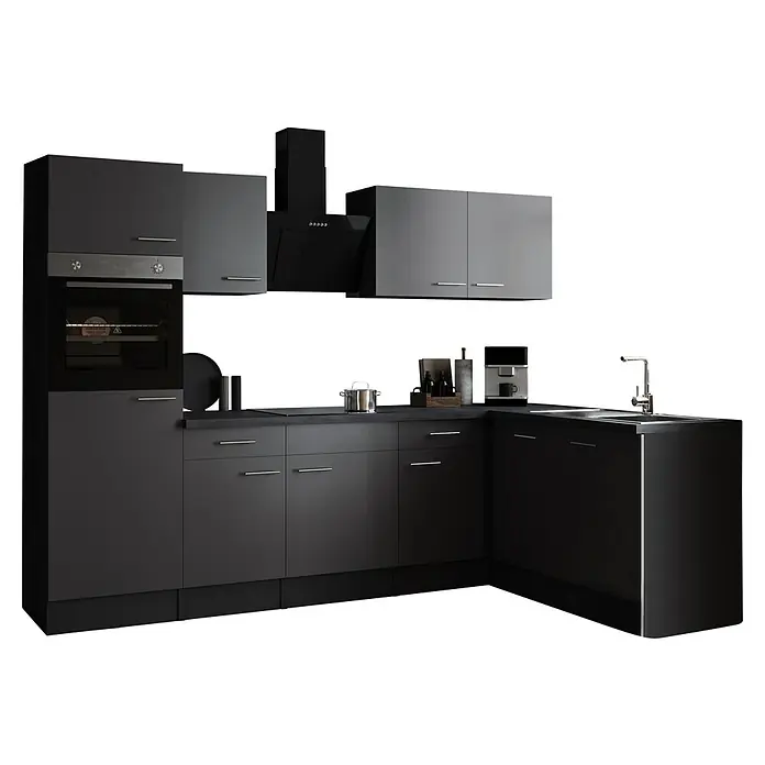 Respekta Olivia Winkelküche - 172 x 280 cm, Grau, Farbe Arbeitsplatte: Granit Optik, Mit Elektrogeräten, Silberne Griffe - Moderne graue Küche mit Elektrogeräten und Arbeitsfläche. Elegantes Design mit Hänge- und Unterschränken für optimalen Stauraum.