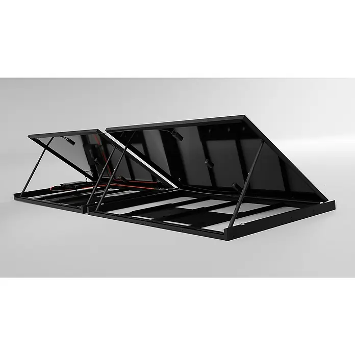 Hepa Solar Balkonkraftwerk Premium - 0% MwSt. gem. § 12 Abs. 3 UStG - 800 W, L x B x H: 184 x 120 x 10 cm, Back Contact-Technologie (HPBC) - Dachzelt mit schwarzem Gestell und aufklappbarem Dach für Outdoor-Abenteuer und Campingausflüge. Praktisch und robust.